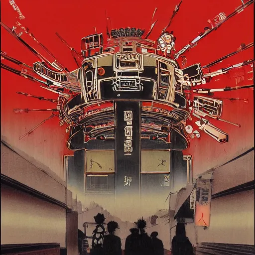 Prompt: the fullmetal wired neon friendly robot orion crosses the infinite series of tori gates between reality and simulation at fushimi inari taisha, hanafuda oil on canvas by dave mckean, ivan shishkin, james jean and yoji shinkawa