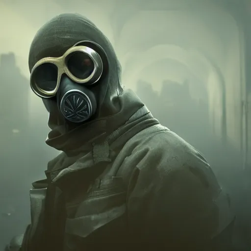 Prompt: hooden villain wearing a gas mask with red goggles, smoke coming out of his body, dark background, unreal engine 5, ultra realistic, detailed, 4k, fog, by greg rutkowski