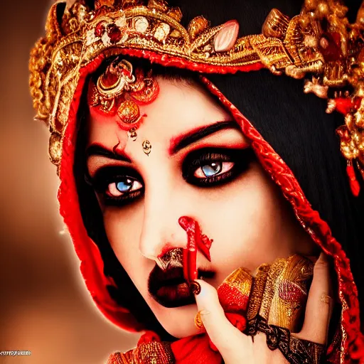 Image similar to beautiful Hindu lady of the dark with veil, in darkness, cover with blood, horror terrifying, soft light, surreal realistic, photorealistic, hyper details, full HD, 8k!