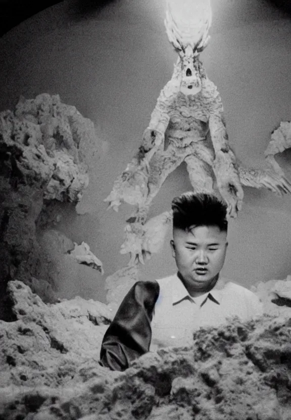 Image similar to Pulgasari the North Korean monster, volumetric lighting, filmstill, produced by Kim Jong-il, Kodachrome, kaiju-eiga, starfish monster movie, communist propaganda, film noir, 35mm film grain, Cooke Varotal 20-100mm T3.1