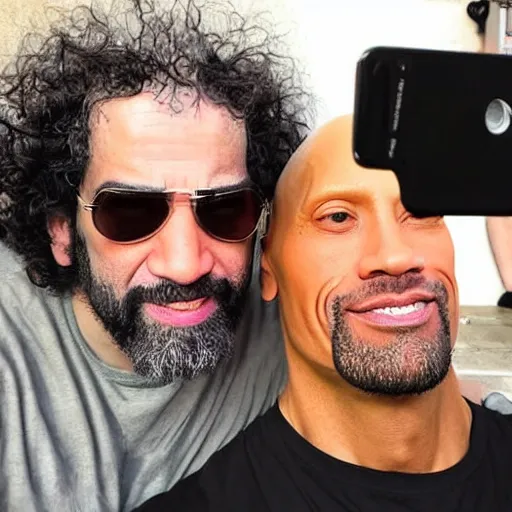 Image similar to caparezza taking a selfie with dwayne johnson, realistic, clean composition