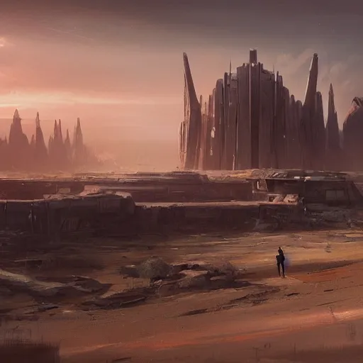 Image similar to star wars concept art by greg rutkowski, brutalist city in the middle of a savannah landscape, cinematic sunset lighting, dramatic atmosphere.