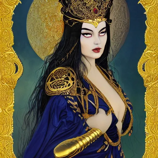 Prompt: painting of junoesque plus size priestess of the moon, golden filigree armor and tiara, gold jeweled rings on fingers, moon above head, dark blue straight hair, smooth translucent skin, wide striking eyes, beautiful! coherent! by brom, by brian froud, strong line, high contrast, muted color, 4 k, trending on artstation