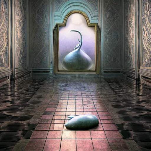 Image similar to hyperrealistic random objects in a surreal dreamscape environment by salvador dali, highly detailed, 3 d render, vray, octane, realistic lighting, photorealistic, colorful, intricate, elegant, wayne barlowe, water, mirrors, doorway, beautiful, masterpiece, trending on artstation, artgerm, black and white checkered floor