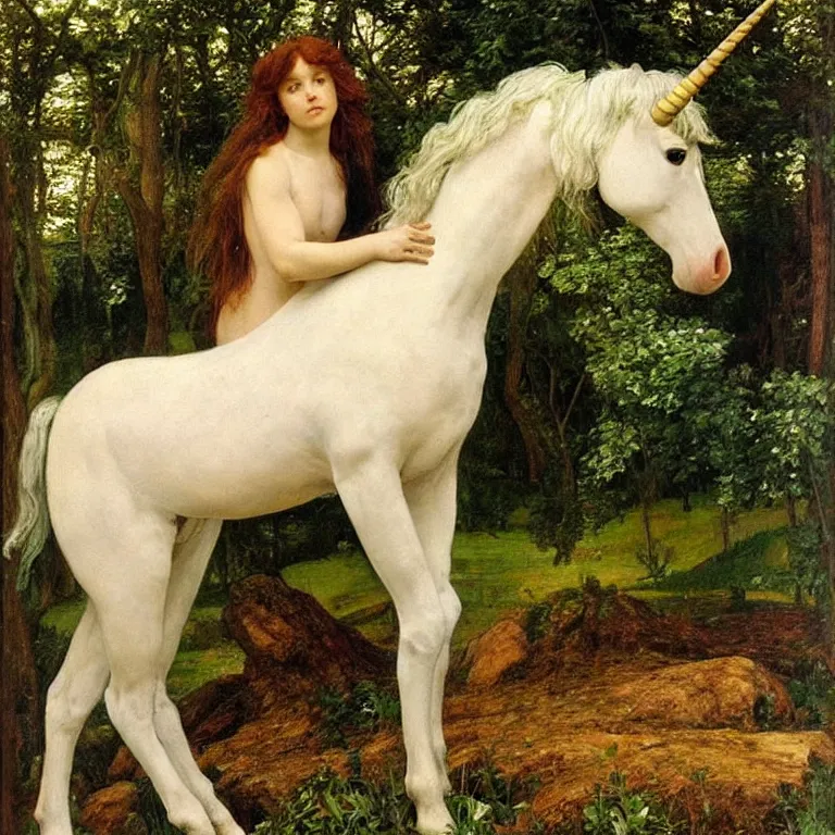 Prompt: A perfect unicorn, pre raphaelite painting