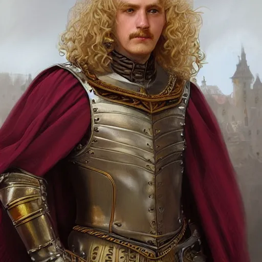 Image similar to blonde curly-haired medieval nobleman, D&D, doublet, painted fantasy character portrait, highly detailed, digital painting, artstation, concept art, sharp focus, illustration, art by artgerm and greg rutkowski and alphonse mucha