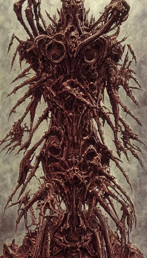 Image similar to Doom themed painting of symmetrical torso demonic hell armor with extended evil armored hands concept, intricate artwork by H.R. Giger, Johnatan Wayshak, Zdizslaw Beksinski, Ayami Kojima, Amano, Karol Bak, Moebius, and Mark Brooks, Neo-Gothic, gothic, rich deep colors, art by Takato Yamamoto, masterpiece, face by Artgerm, very coherent artwork, cinematic, hyper realism, high detail, octane render, unreal engine, 8k, High contrast, golden ratio, trending on cgsociety