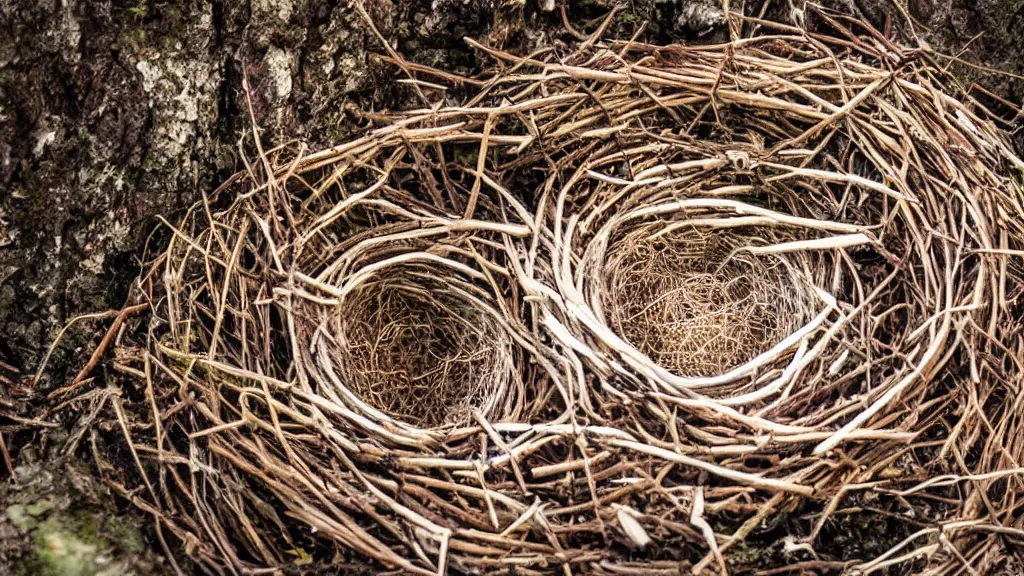 Prompt: a photo of a bird's nest in a forest taken with a telephoto lens