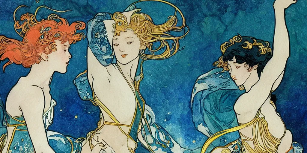 Image similar to a fresco of sailor neptune and sailor uranus dancing. beautiful, realistic painting by mucha and kuvshinov and bilibin. watercolor, thick lining, manga