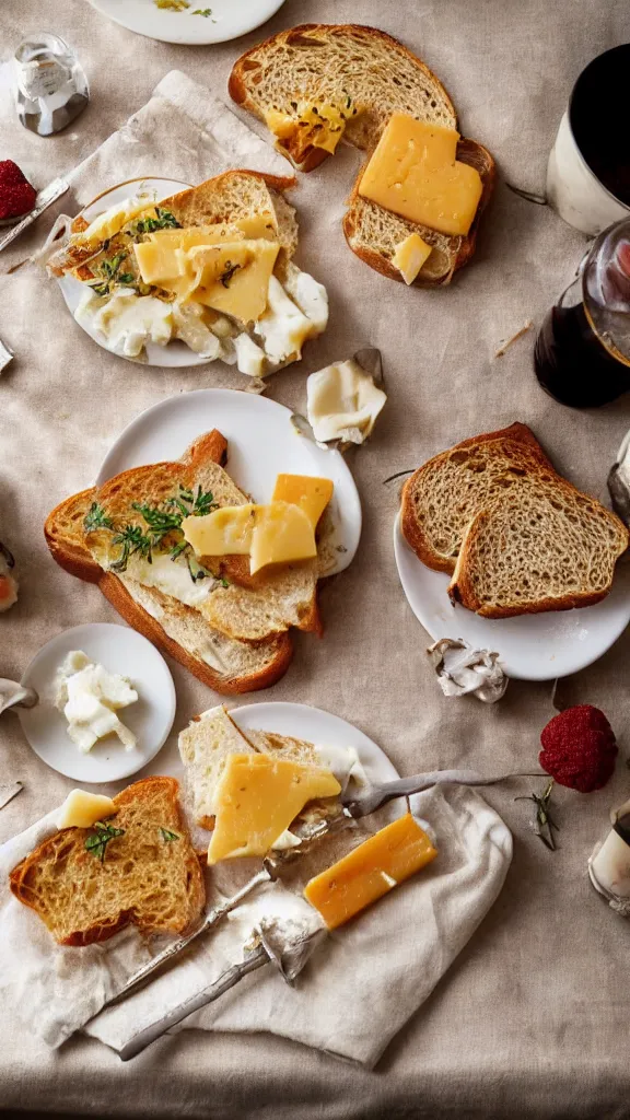 Image similar to 7 0 s food photography of an opulent spread of cheese on toast, on a velvet table cloth, soft focus