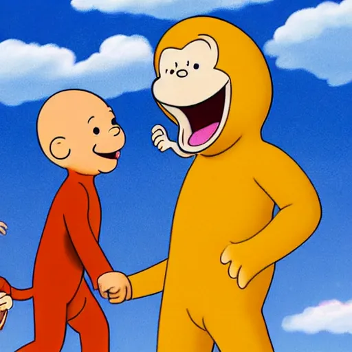 Prompt: curious george slapping caillou in the mouth. pbs cartoon style