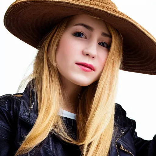 Image similar to portrait of 2 3 - year - old woman with angle lost profile looking away, happy women, cinematic colors, medium yellow blond hair, brown hat, hair comes out of the hat a little, caracter look like tomb raider realistic