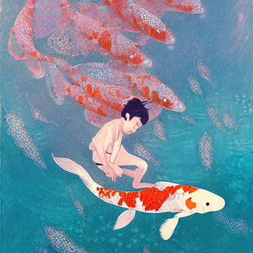 Prompt: giant koi carper in a magical underwater world, little boy sitting on his back oil painting victo ngai