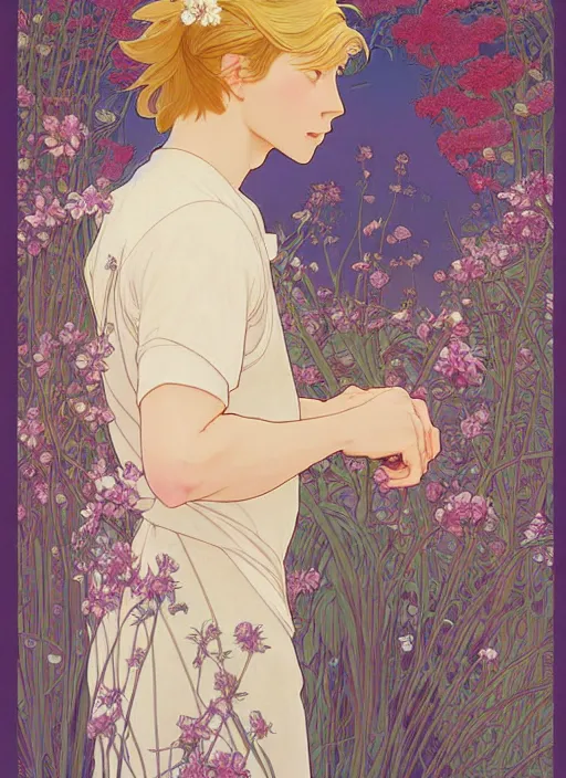 Image similar to book cover, pretty young man with shoulder length blond hair, male, half body shot, flower pattern background, path traced, highly detailed, high quality, digital painting, by studio ghibli and alphonse mucha, leesha hannigan, hidari, art nouveau, chiho aoshima, jules bastien - lepage