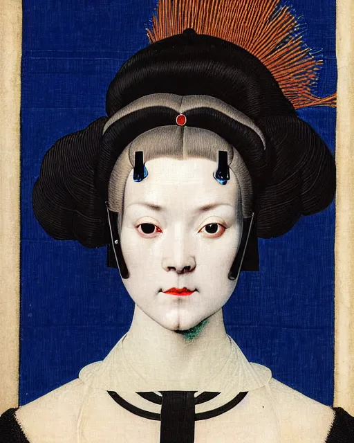 Prompt: symmetrical close - up portrait of a woman face with blue frizzy hair, wearing a embroidered black mask by alexander mcqueen, bjork aesthetic, masterpiece, in the style of rogier van der weyden and jacopo da pontormo, cyberpunk, ukiyo - e