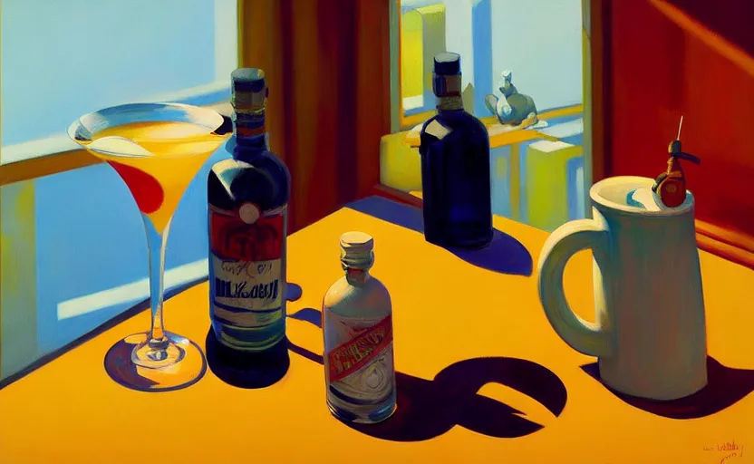 Prompt: beautiful still life featuring Molotov cocktail, very coherent, painted by Edward Hopper, painted by James Gilleard, airbrush, art by JamesJean