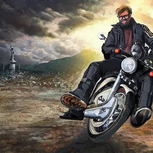 Prompt: jurgen klopp riding a motorcycle through a post - apocalyptic landscape, epic, anime, manga