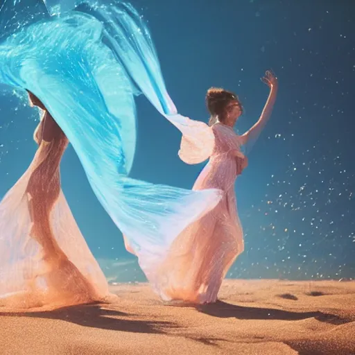 Image similar to filmstill photography of two female body suihouettes covered with curly white translucent blanket blowing in wind with rainbow pattern, acrylic liquid colors, luxurious supermodel photoshooting, golden jewelry, bokeh, godrays, strong wind, wrinkles, sunrays, sunset, lens flares, cold colors, sand dunes