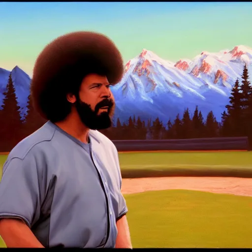 Image similar to a closeup photorealistic photograph of bob ross themed kenny powers playing baseball, a painting on a canvas. mountains and trees. film still. brightly lit scene. this 4 k hd image is trending on artstation, featured on behance, well - rendered, extra crisp, features intricate detail, epic composition and the style of unreal engine.