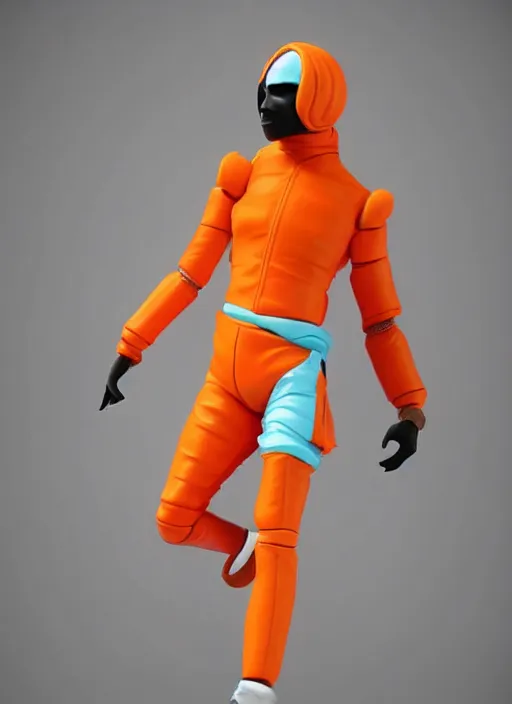 Prompt: accurate detailed pvc inflatable orange & teal colored action figure fashion god, full body, futuristic, concept art, character only, detailed art, adidas streetwear, figurine!!!, studio lighting, grey background, no shadow, trending on artstation, 4 k, sharp, highly - detailed, focus on face!!!