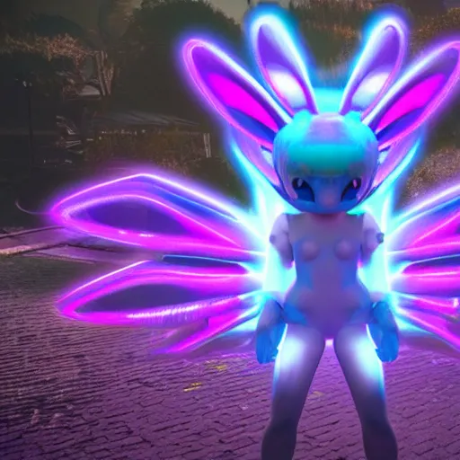 Image similar to neon fluorescent, iridescent cute bunny rabbits with fairy wings cyperpunk 2 0 7 7, unreal engine 5, 8 k ultra realistic, hyperdetailed, volumetric lighting, extremely high quality