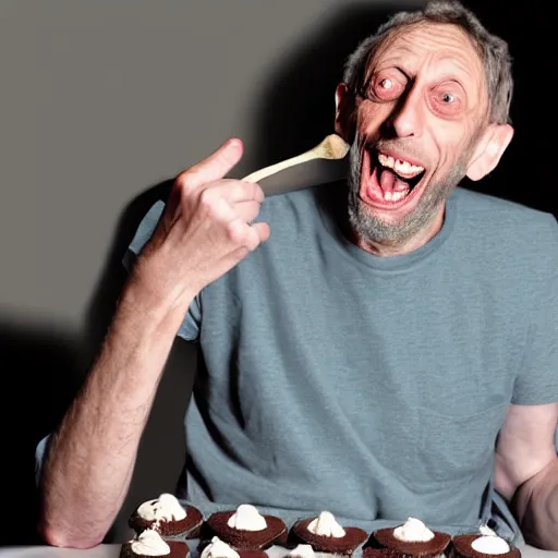 Prompt: michael rosen unhinging his jaw to eat five hundred chocolate cakes photorealistic