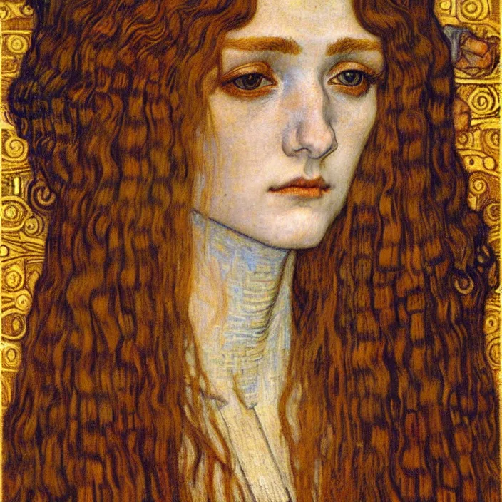 Image similar to detailed realistic beautiful young medieval queen face portrait by jean delville, gustav klimt and vincent van gogh, art nouveau, symbolist, visionary, gothic, pre - raphaelite, muted earthy colors, desaturated