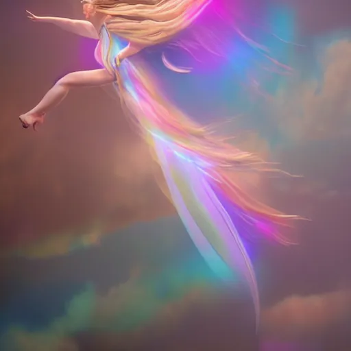 Prompt: ! dream painting of a spirit made out of clouds and floating ribbons, beautifull female face, spectrum colours, angelic, realistic, cinematic light, volumetric, octane render
