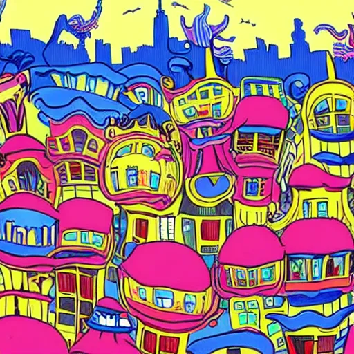 Image similar to dr. seuss surrealism city | midnight paintings | intricate detail | bold colors | illustration