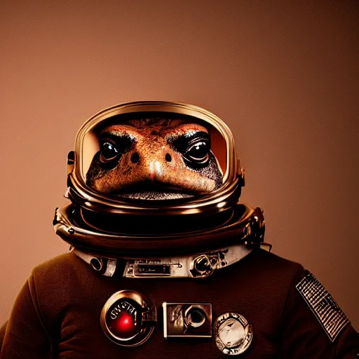 Prompt: the toad sits opposite Brad Pitt in a spacesuit, very detailed toad, style by Ad Astra cinema, symmetrical face, beautiful eyes, instagram photo, 4k, 8k , by Irving Penn, bokeh, top cinematic lighting , cinematic mood,