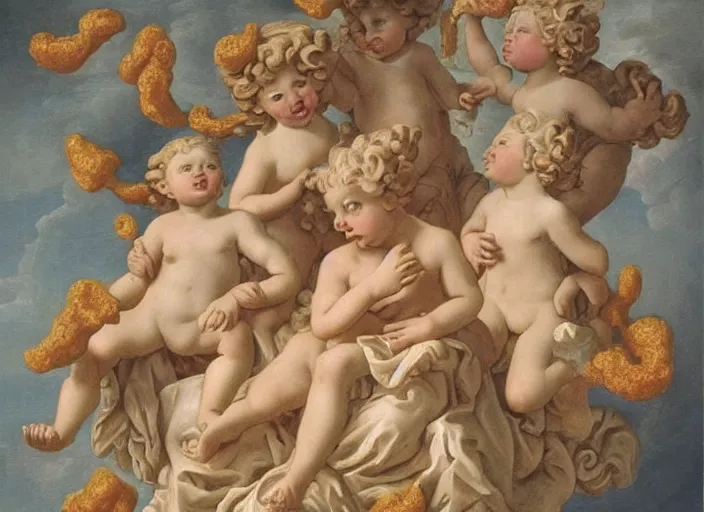 Prompt: cherubs with cheetos for hair, extremely detailed, a baroque painting, rococo style