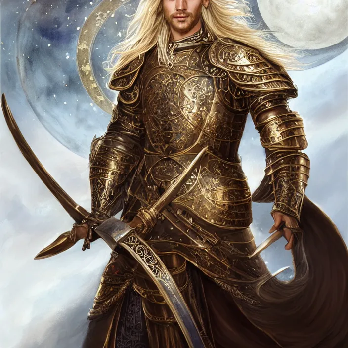 Prompt: Portrait of a beautiful male cleric with long flowing blonde hair wearing burnished bronze armour emblazoned with a swan on the breastplate. Wielding a magical scimitar embossed with the phases of the moon. Magic, bright divine lighting, flux. High fantasy, digital painting, HD, 4k, detailed.