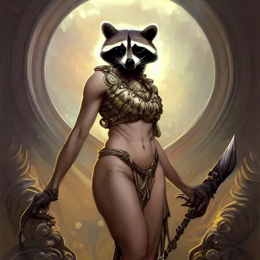 Image similar to a raccoon as the roman goddess of chaos!! intricate elegant, highly detailed, digital painting, artstation, concept art, smooth, sharp focus, illustration, art by ( ( ( artgerm ) ) ) and greg rutkowski! and ( ( alphonse mucha ) ), heavily influenced by frank frazetta and boris vallejo, sword and sorcery