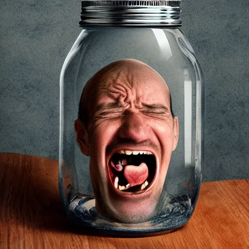 Prompt: a screaming man trapped in a jar