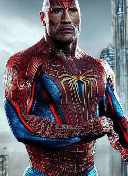 Prompt: hyper realistic dwayne johnson as spiderman in a obsidian metal armor, futuristic design, designed by makoto kobayashi and luca zampriolo, portrait, cyberpunk style, wood and gold details, intricate, extremely detailed, ornate, deep of field, hard surface, exoskeleton, substance designer metal unreal engine. amazing likeness. very detailed.