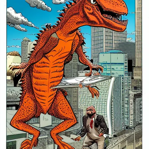 Image similar to a two-headed velociraptor biting a man in half, style of Geof Darrow