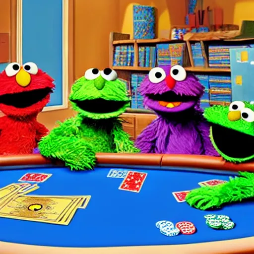 Prompt: sesame street characters playing poker