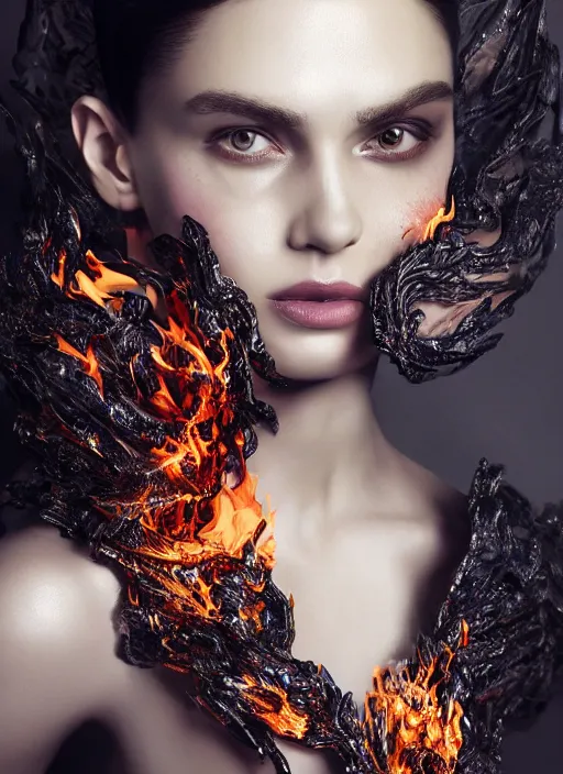 Image similar to 3d fashion portrait with fire, female, future, torch, flame, harper's bazaar, vogue, fashion magazine, intricate, concept art, close up, ornate, luxury, elite, elegant, trending on artstation, by ruan jia, by Kenneth Willardt, by ross tran, by WLOP, by Andrei Riabovitchev,