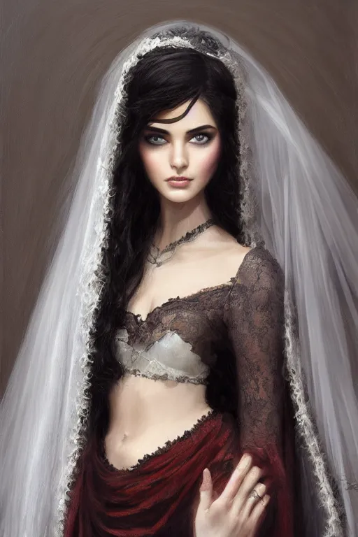 Image similar to ameera al taweel, bright blue eyes, long wavy black hair, white veil, front closeup, cinnamon #b57e59 skin color, elegant, highly detailed, centered, oil painting, artstation, concept art by tom bagshaw