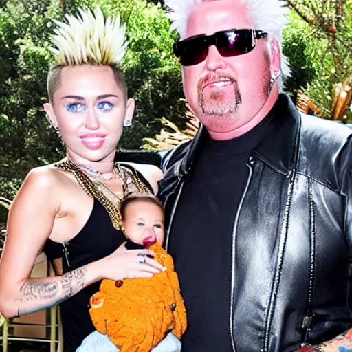 Prompt: miley cyrus and guy fieri holding their baby