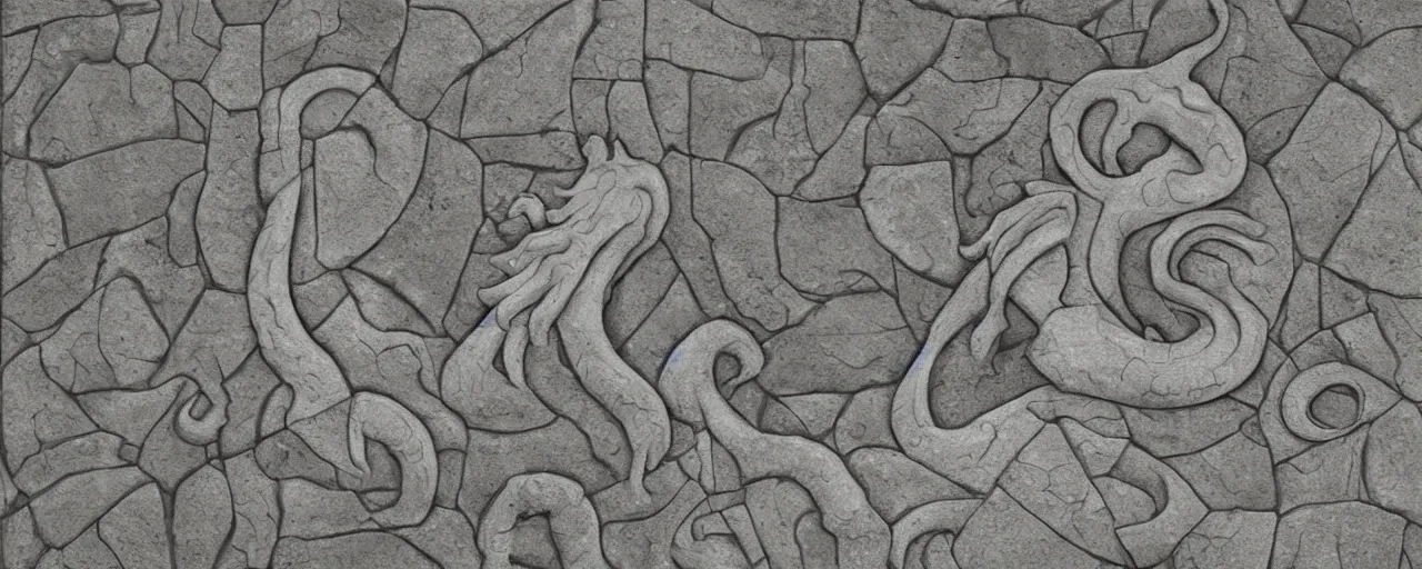 Image similar to limestone panel with Cthulhu, clean, texture, photorealistic, scenic