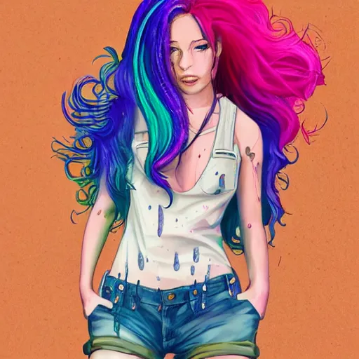 Prompt: a portrait of an beautiful grungy female with rainbow hair, dainty figure, torn overalls, short shorts, combat boots, wet tshirt, raining, made by viktor antonov, illustration, extremely detailed, beautiful,