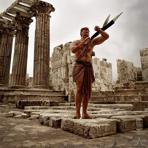 Prompt: Achilles holding a spear, standing in ruins, fallen columns, tom chambers photography