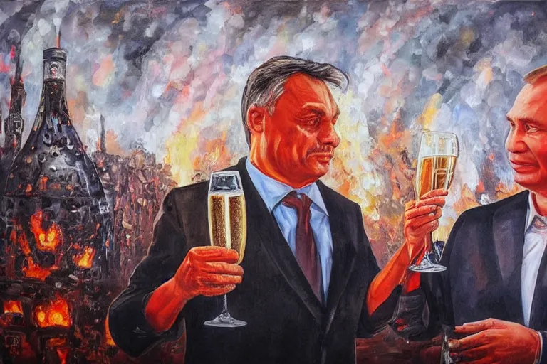 Prompt: viktor orban drinking champagne with putin in front a burning city, highly detailed eyes, oil painting