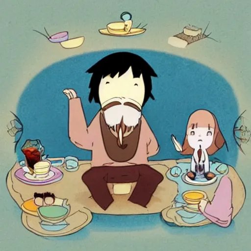 Prompt: tiny imaginary creatures having a tea party inside a human's beard. anime. in a style of hayao miyazaki.