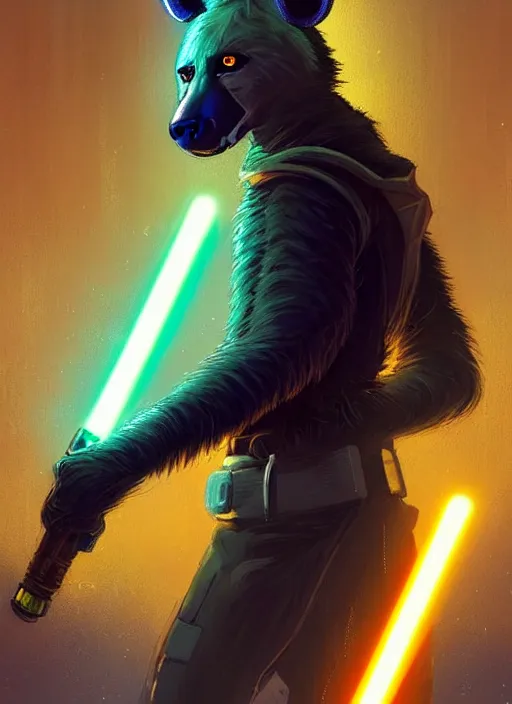 Image similar to beautiful portrait commission of a male furry anthro hyena fursona wearing jedi robes and wielding a yellow lightsaber in his left hand. Cyberpunk city at night in the rain. Neon light. Atmospheric. Character design by charlie bowater, ross tran, artgerm, and makoto shinkai, detailed, inked, western comic book art