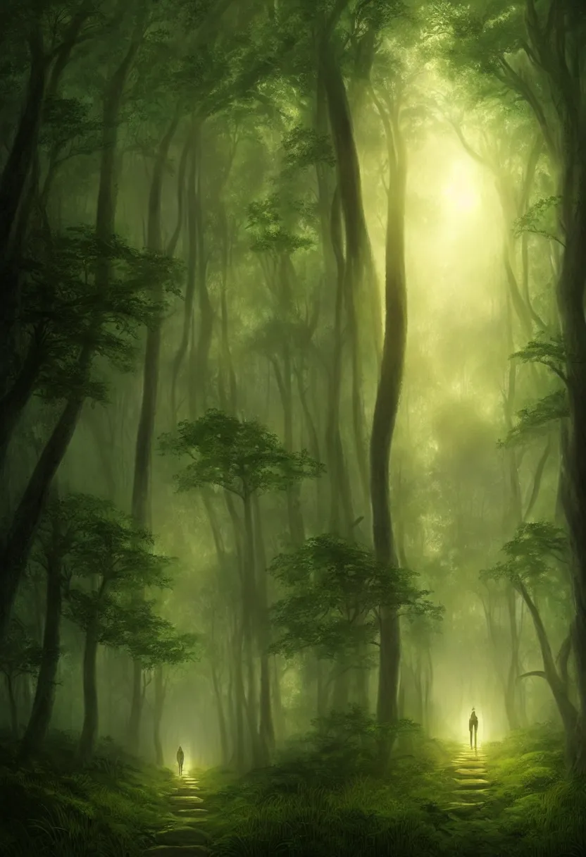 Image similar to backlit path in the middle of a lush green forest at sunset, fog, matte painting, mysticalultra high definition, ultra detailed, symmetry, fog, matte painting, by greg rutkowski and ross tran and wlop