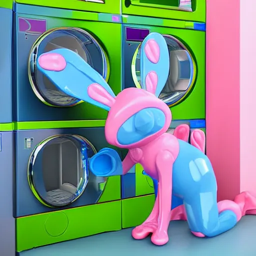 Prompt: plastic toy frog in a bunny suit cleaning up the laundromat, pastel colors