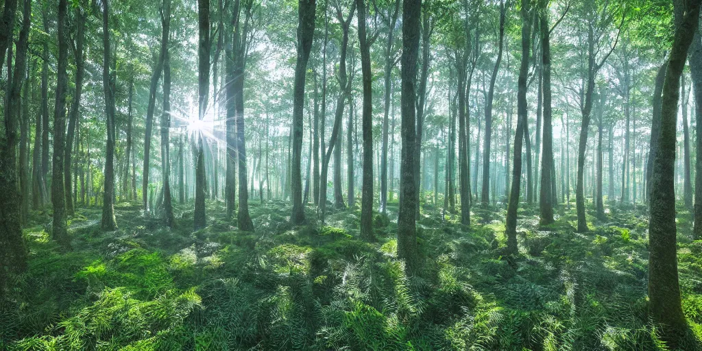 Prompt: immaculate forest with trees spaced as if on a grid between perfectly circular pools of water on the ground, with light flitering through the trees by Studio Ghibli and Salvador Dali, dynamic camera angle, deep 3 point perspective.