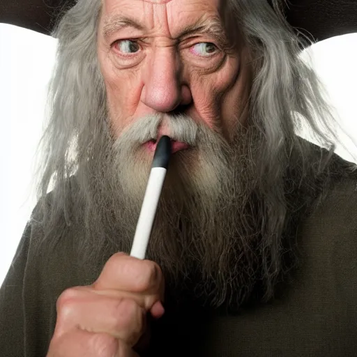 Image similar to a closeup studio photographic portrait of gandalf smoking a joint, studio lighting